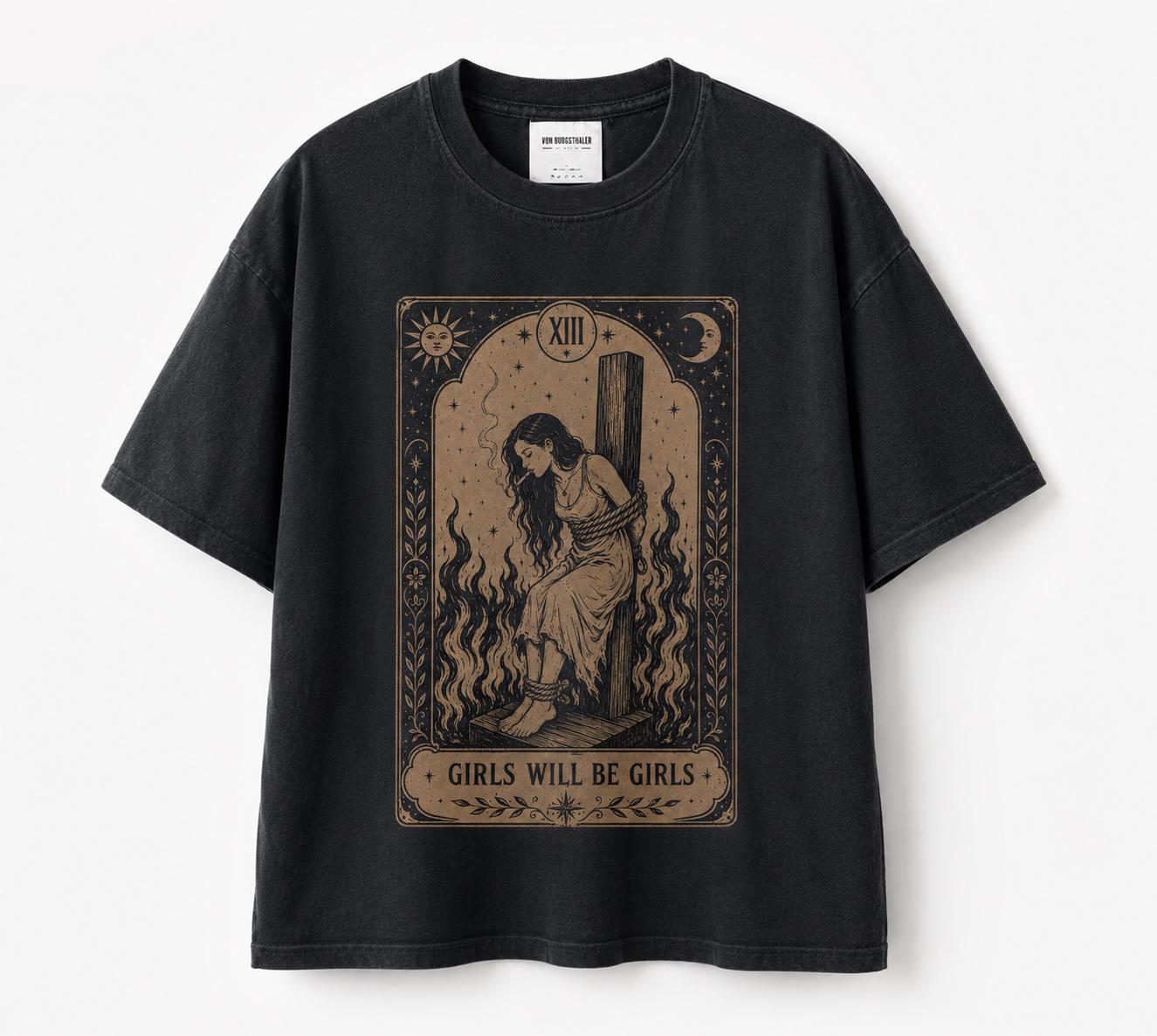 Girls Will Be Girls Witch Shirt, Tarot T-Shirt, Dark Halloween Top, Vintage Witchy Graphic Tee, Goth Aesthetic Merch, Feminist, Zodiac Sign