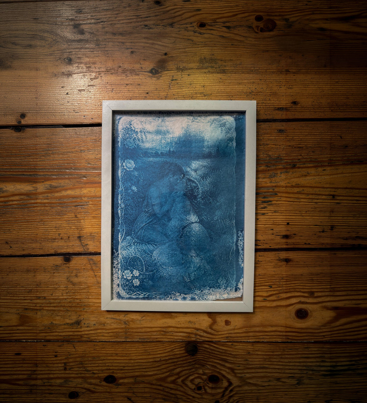Lesbian Lovers Cyanotype Print, Original Handmade Blue Art on Cotton Rag Paper, A4, Romantic Sapphic Wall Art, Flowers, Kiss
