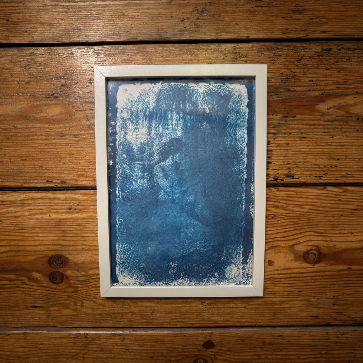 Lesbian Lovers Cyanotype Print, Original Handmade Blue Art on Cotton Rag Paper, A4, Romantic Sapphic Wall Art, Kiss, Tree, weeping willow