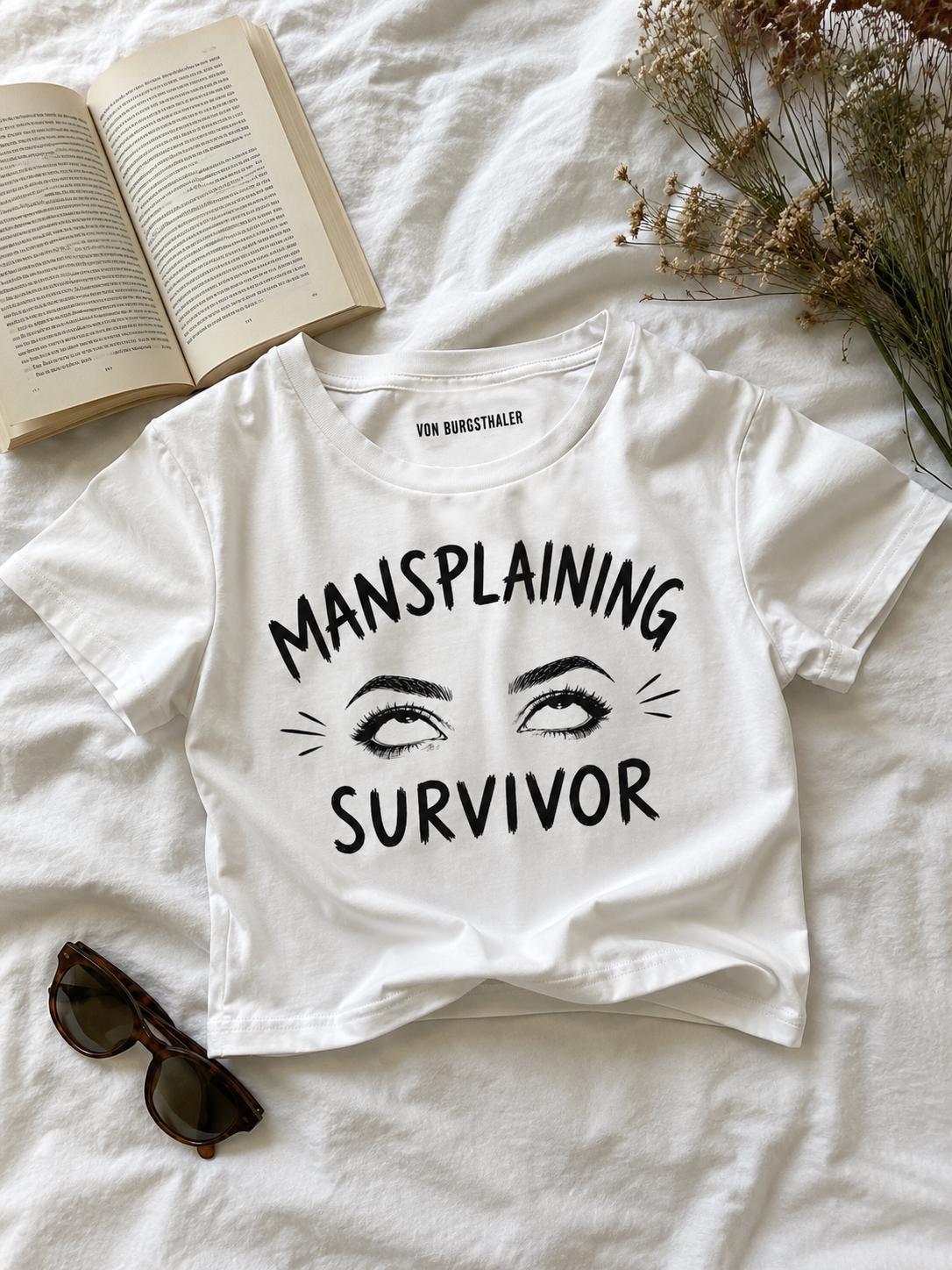 Mansplaining Survivor Baby Tee, Funny Feminist Shirt, Sarcastic Y2K Crop Top, Girl Power Graphic Tee, Smug Eye Roll Feminist Gift
