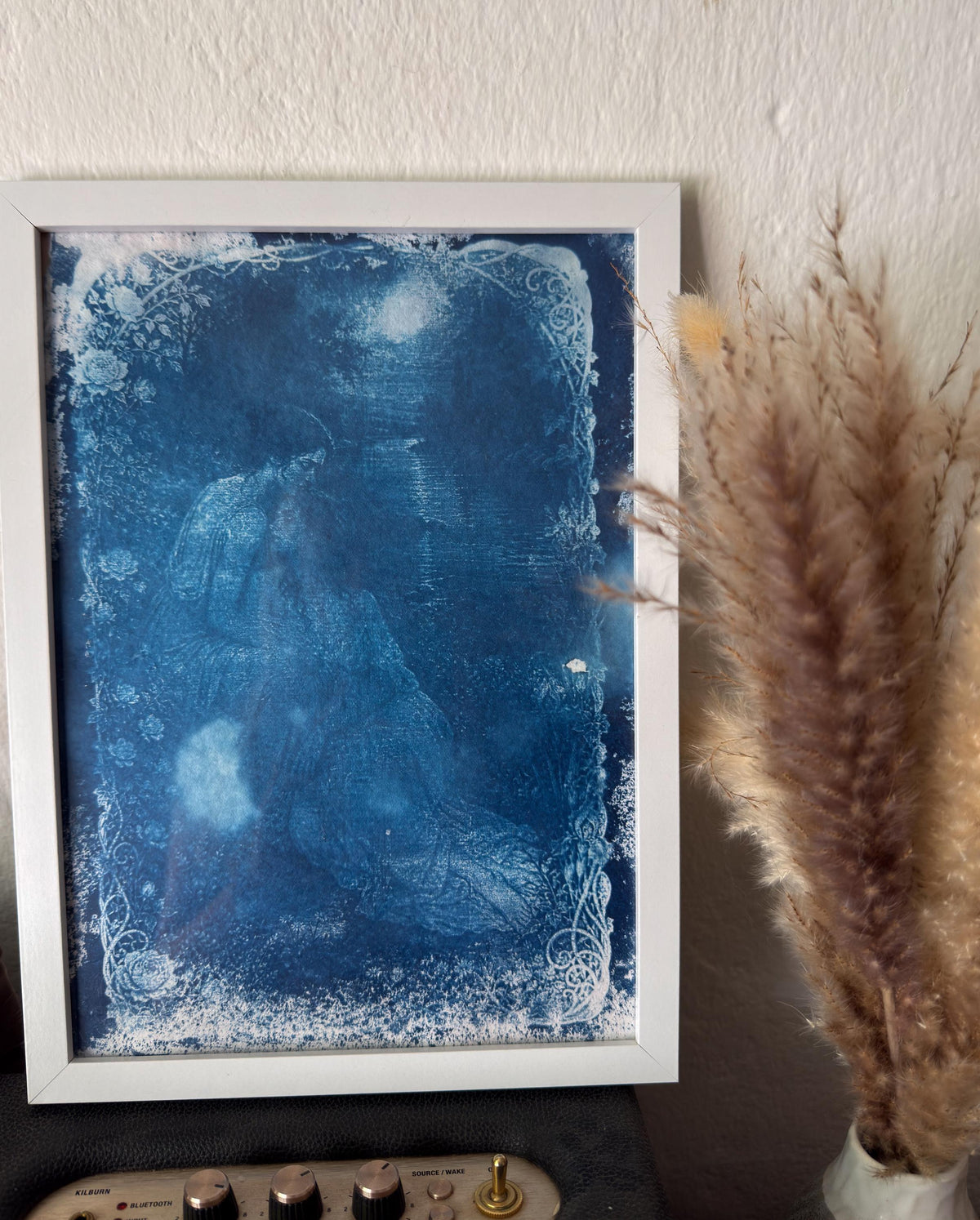 Lesbian Lovers Cyanotype Print, Original Handmade Blue Art on Cotton Rag Paper, A4, Romantic Sapphic Wall Art, moon light, stars, astrology