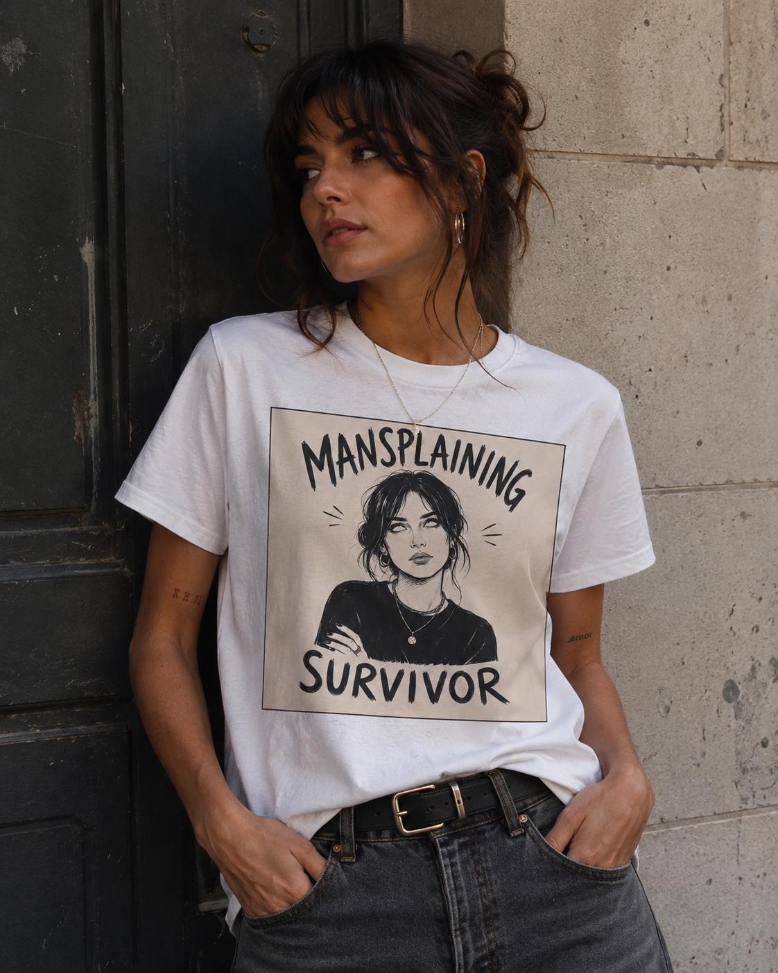 Mansplaining Survivor Shirt, Funny Feminist Graphic Tee, Sarcastic Women's T-Shirt, Girl Power Top, Edgy Sketch Art Gothic Apparel