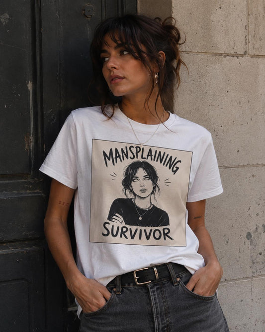 Mansplaining Survivor Shirt, Funny Feminist Graphic Tee, Sarcastic Women's T-Shirt, Girl Power Top, Edgy Sketch Art Gothic Apparel