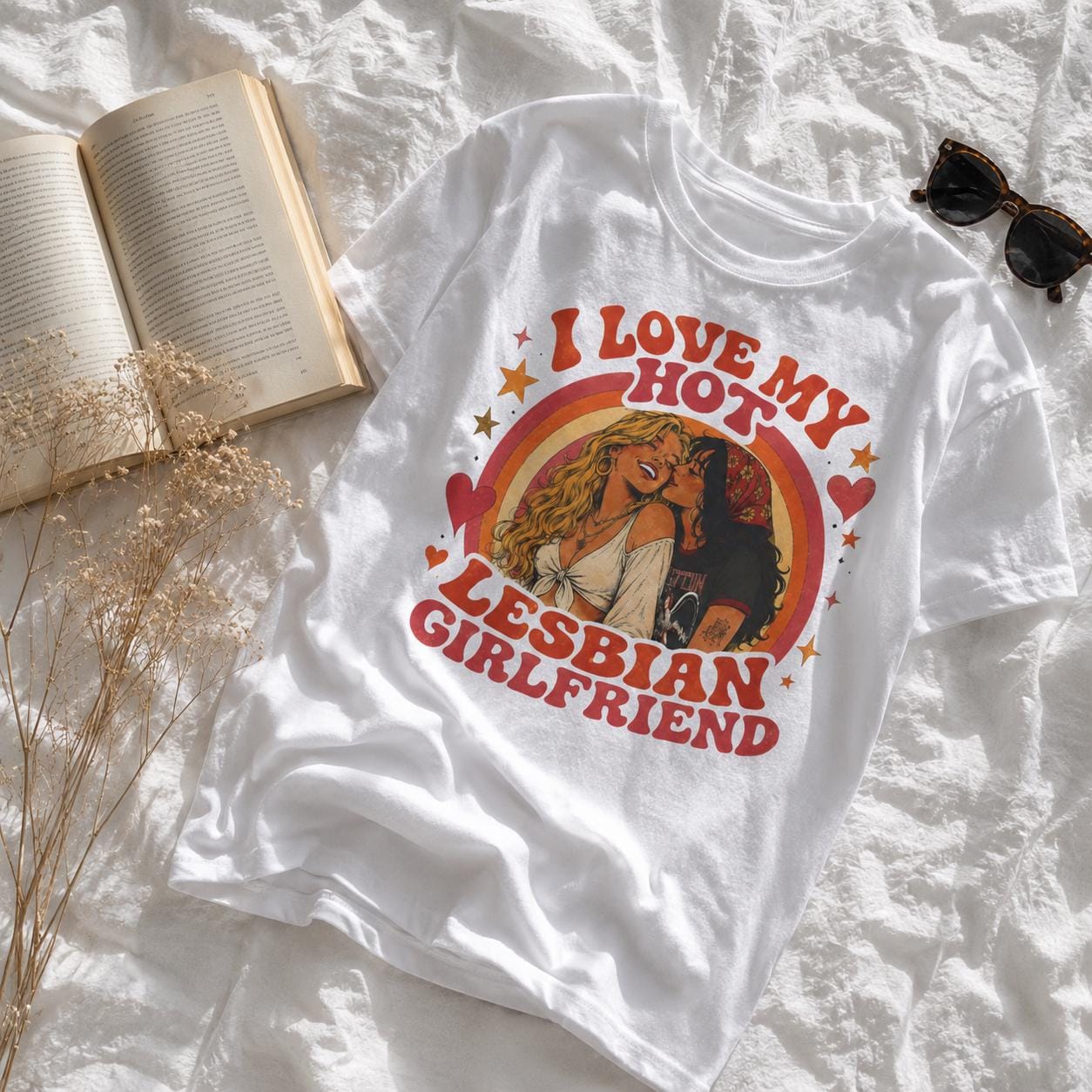 I Love My Hot Lesbian Girlfriend Shirt, Retro Sapphic Graphic Tee, Lesbian Pride T-Shirt, Vintage 70s Queer Aesthetic Top, WLW Couple Gift