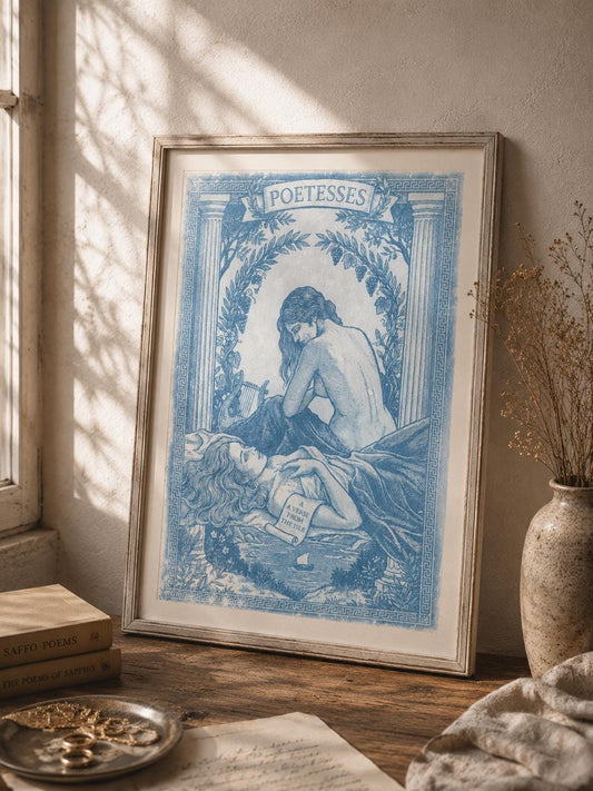 Lesbian Lovers Poster | Cyanotype Art Print | Romantic Sapphic Wall Decor | Classical Blue Artwork | Queer Home Decor