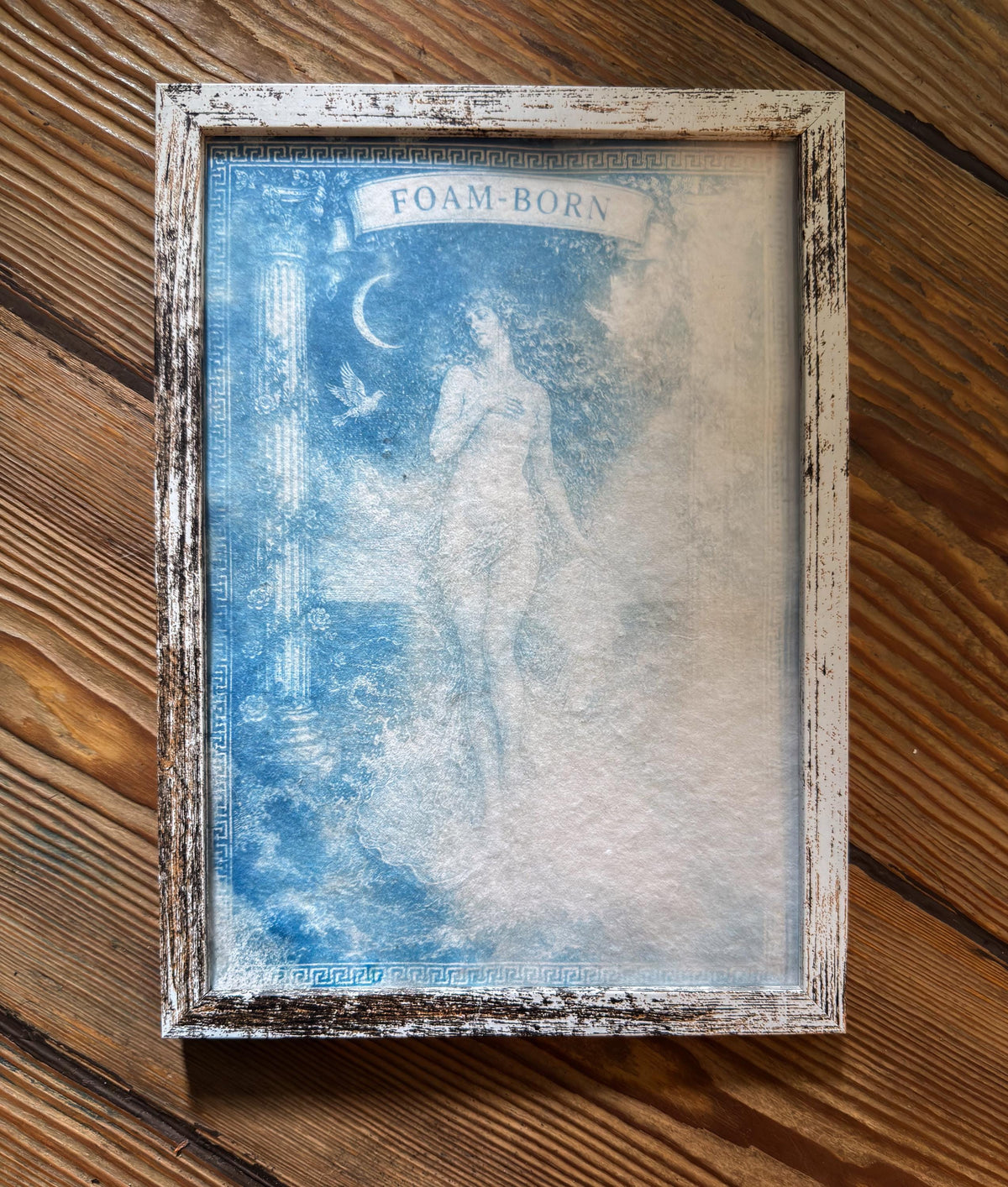 Lesbian lovers, Aphrodite Cyanotype Print, Original Handmade Blue Art on Cotton Rag Paper, A4, Romantic Sapphic Wall Art, Foam Born