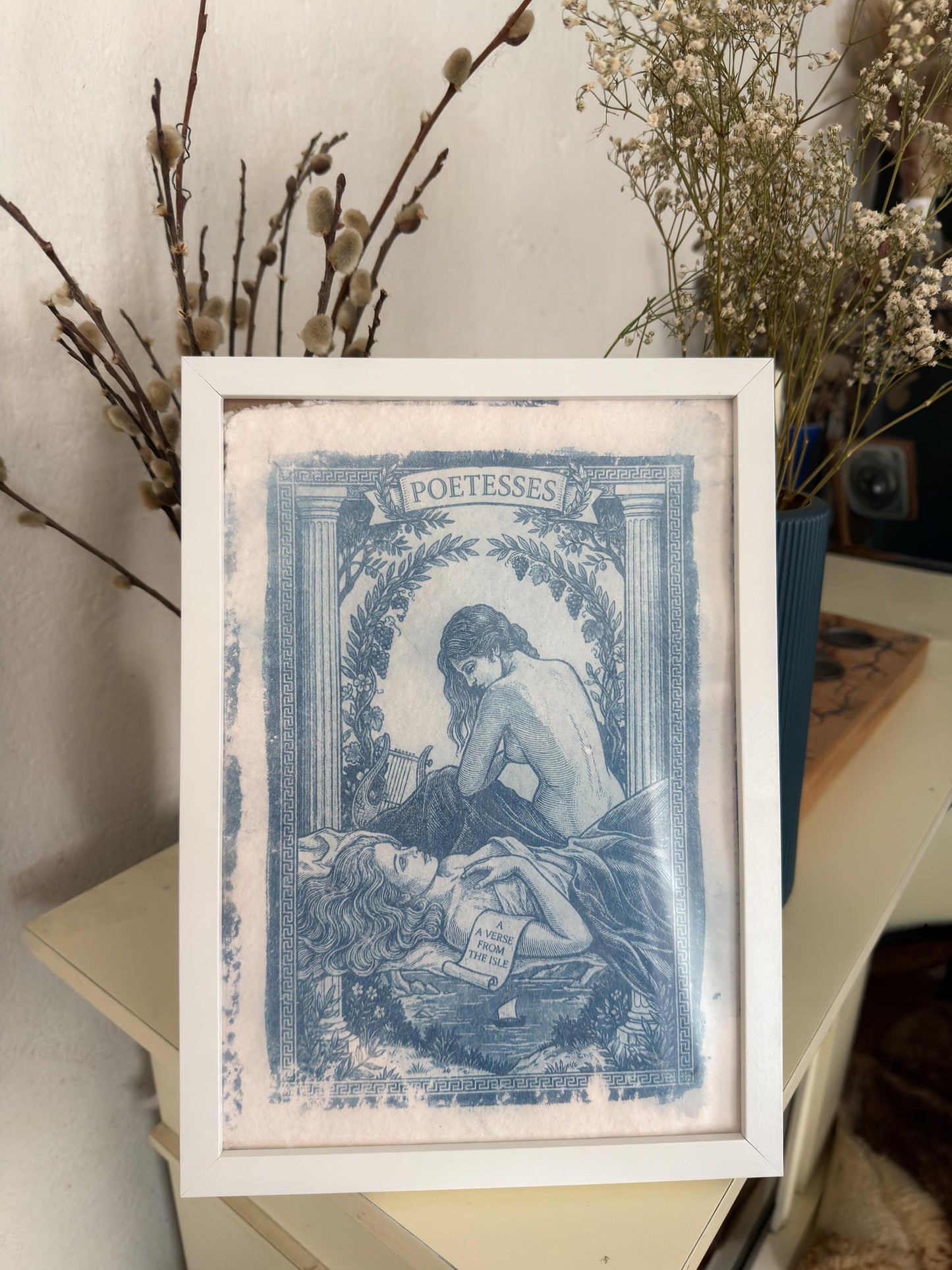 Lesbian Lovers Cyanotype Print, Original Handmade Blue Art on Cotton Rag Paper, A4, Romantic Sapphic Wall Art
