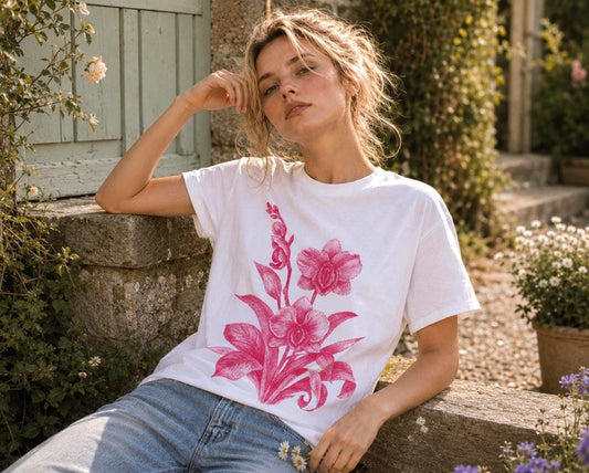 Lesbian Orchids Vulva T-Shirt - Floral Vagina Feminist - Cyanotype – Pink Sapphic Art Print Tee – Romantic Classical Shirt – Vintage Style