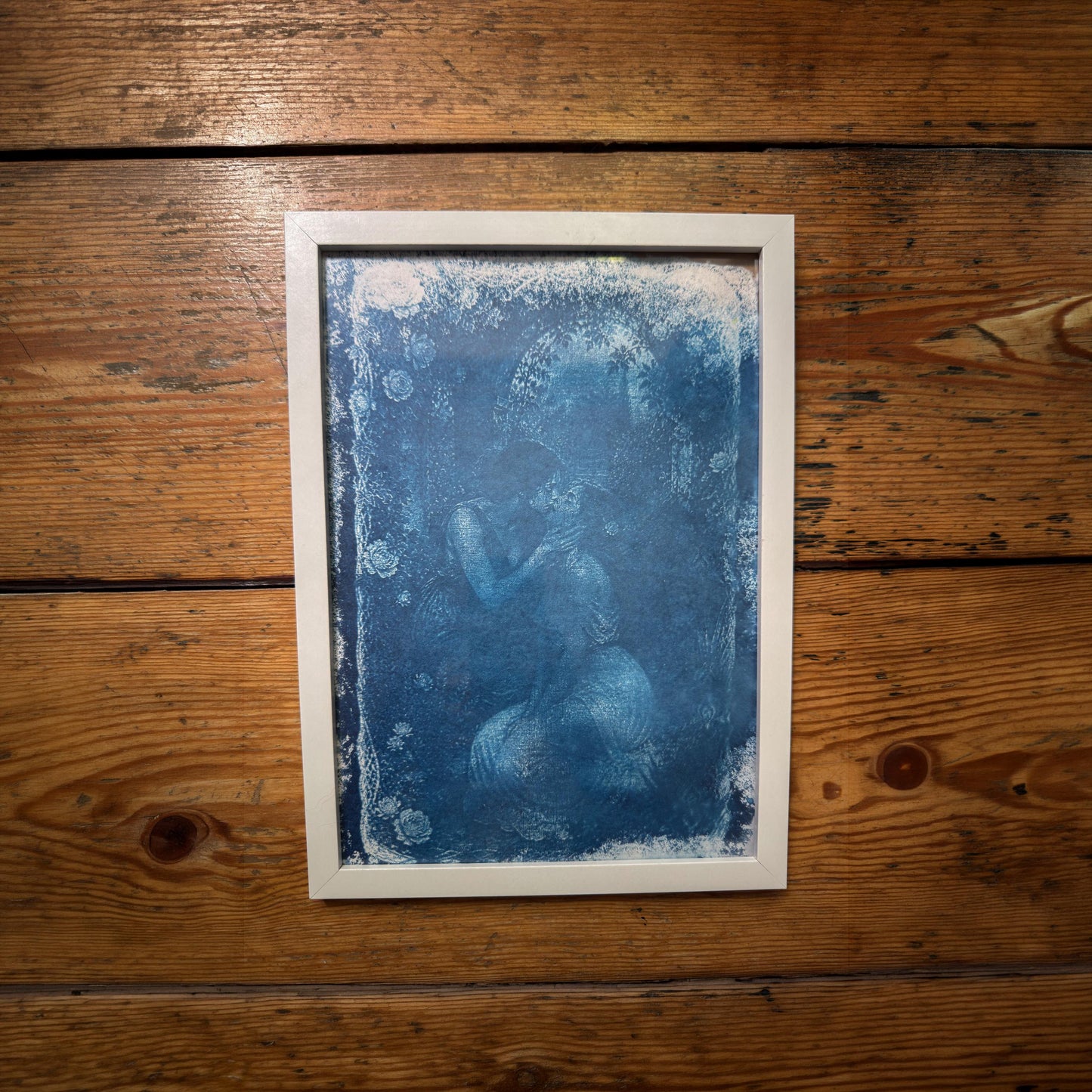 Lesbian Lovers Cyanotype Print, Original Handmade Blue Art on Cotton Rag Paper, A4, Romantic Sapphic Wall Art, Flowers, Roses, Kiss