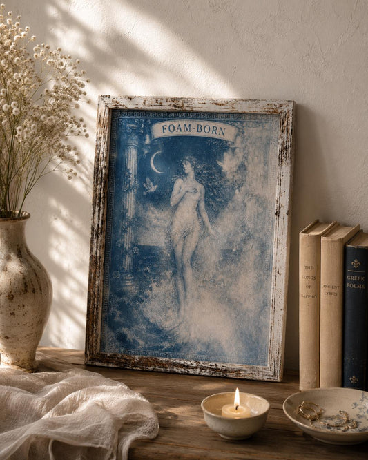 Lesbian lovers, Aphrodite Cyanotype Print, Original Handmade Blue Art on Cotton Rag Paper, A4, Romantic Sapphic Wall Art, Foam Born