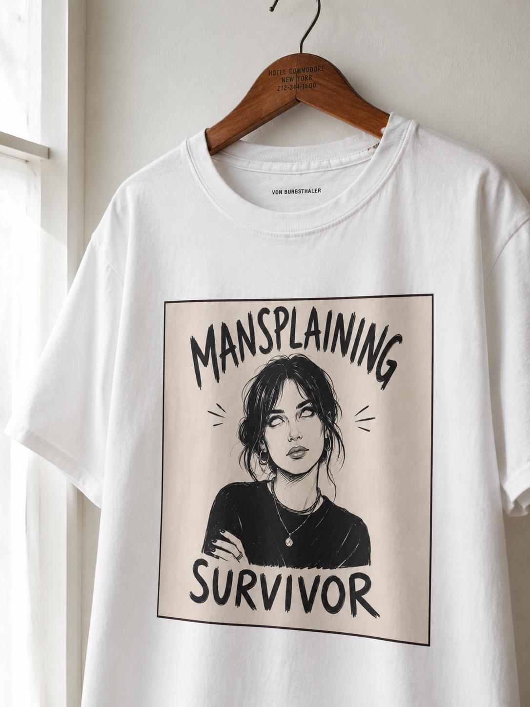 Mansplaining Survivor Shirt, Funny Feminist Graphic Tee, Sarcastic Women's T-Shirt, Girl Power Top, Edgy Sketch Art Gothic Apparel