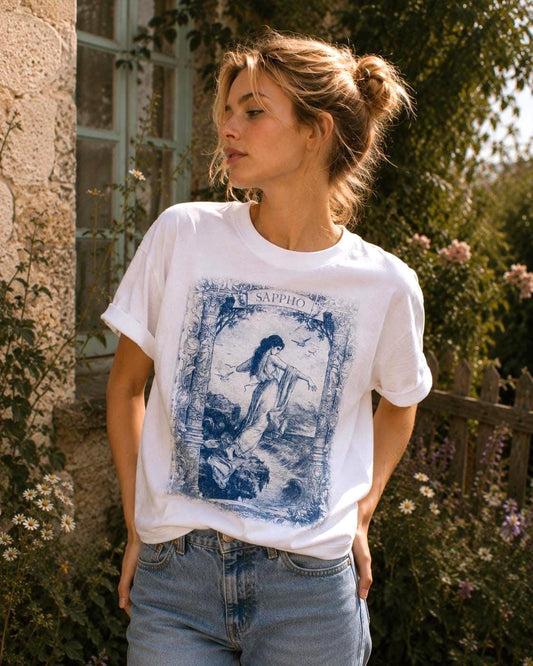 Lesbian SAPPHO Cyanotype T-Shirt – Blue Sapphic Art Print Tee – Romantic Classical Illustration Shirt – Vintage Style Poetry Top