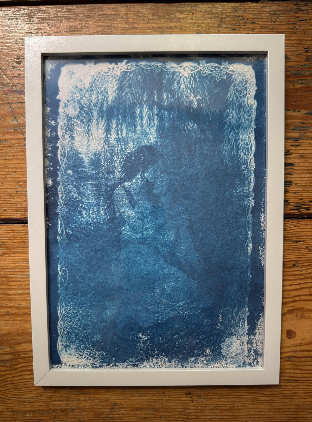 Lesbian Lovers Cyanotype Print, Original Handmade Blue Art on Cotton Rag Paper, A4, Romantic Sapphic Wall Art, Kiss, Tree, weeping willow