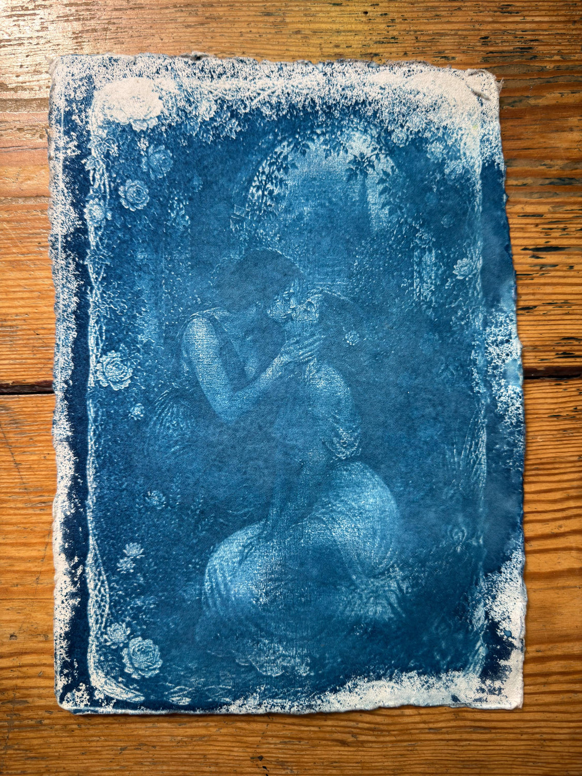 Lesbian Lovers Cyanotype Print, Original Handmade Blue Art on Cotton Rag Paper, A4, Romantic Sapphic Wall Art, Flowers, Roses, Kiss