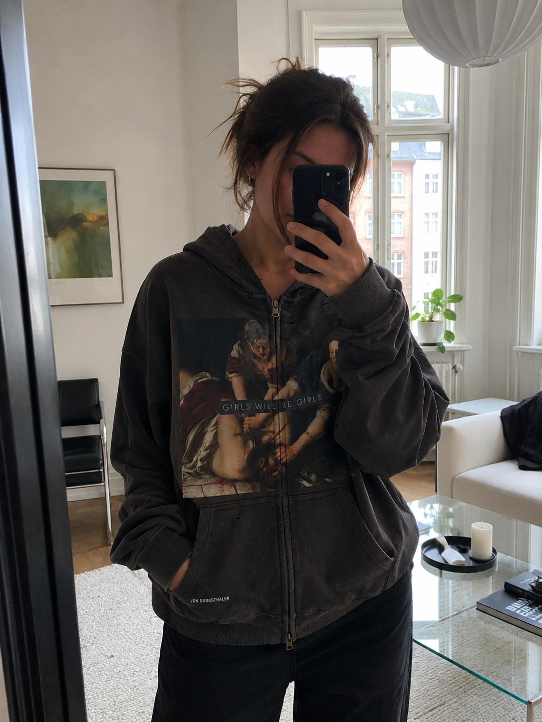 Girls Will Be Girls Sapphic Hoodie, Distressed Lesbian Feminist Zip Up, Artemisia Gentileschi Art Sweatshirt, Dark Academia Graphic Jacket