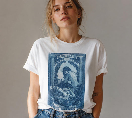 Lesbian POETESSES Cyanotype T-Shirt – Blue Sapphic Art Print Tee – Romantic Classical Illustration Shirt – Vintage Style Poetry Top