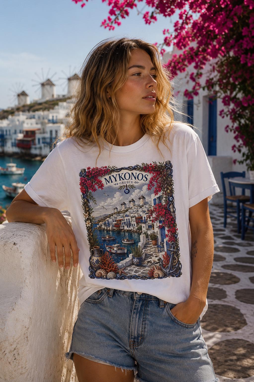 Mykonos Tee, Greek Island Shirt, Mediterranean Summer, Greece Vacation Tee, Coastal Aesthetic, Oversized Shirt, Vintage 90s, Y2K