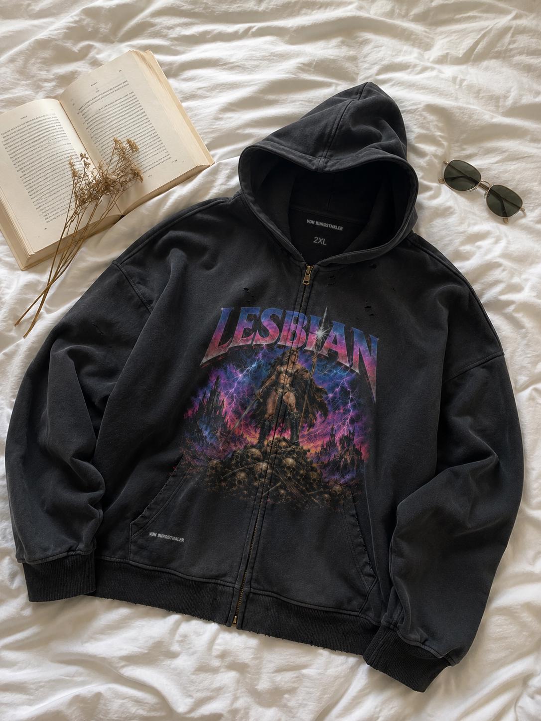 Lesbian Warrior Distressed Hoodie, Sapphic Heavy Metal Zip Up, Retro 80s Fantasy Graphic Jacket, Faded Black Gothic Pride Sweatshirt