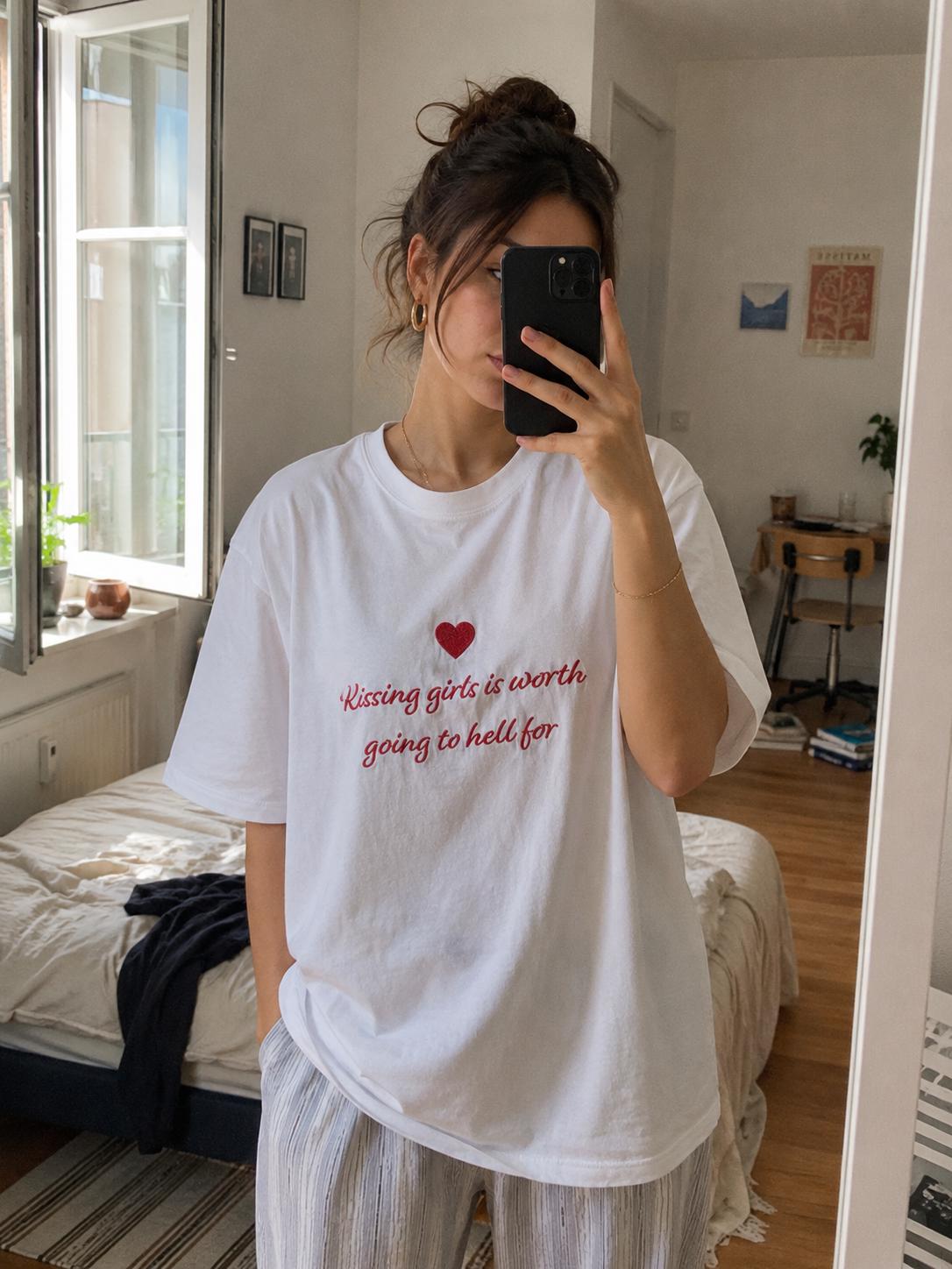 Embroidered Kissing Girls Is Worth Going To Hell For Shirt, Sapphic Heart Tee, Lesbian Pride T-Shirt, Quote Top, Minimalist WLW Clothing