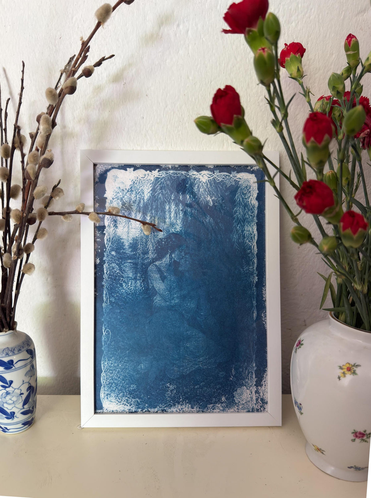 Lesbian Lovers Cyanotype Print, Original Handmade Blue Art on Cotton Rag Paper, A4, Romantic Sapphic Wall Art, Kiss, Tree, weeping willow
