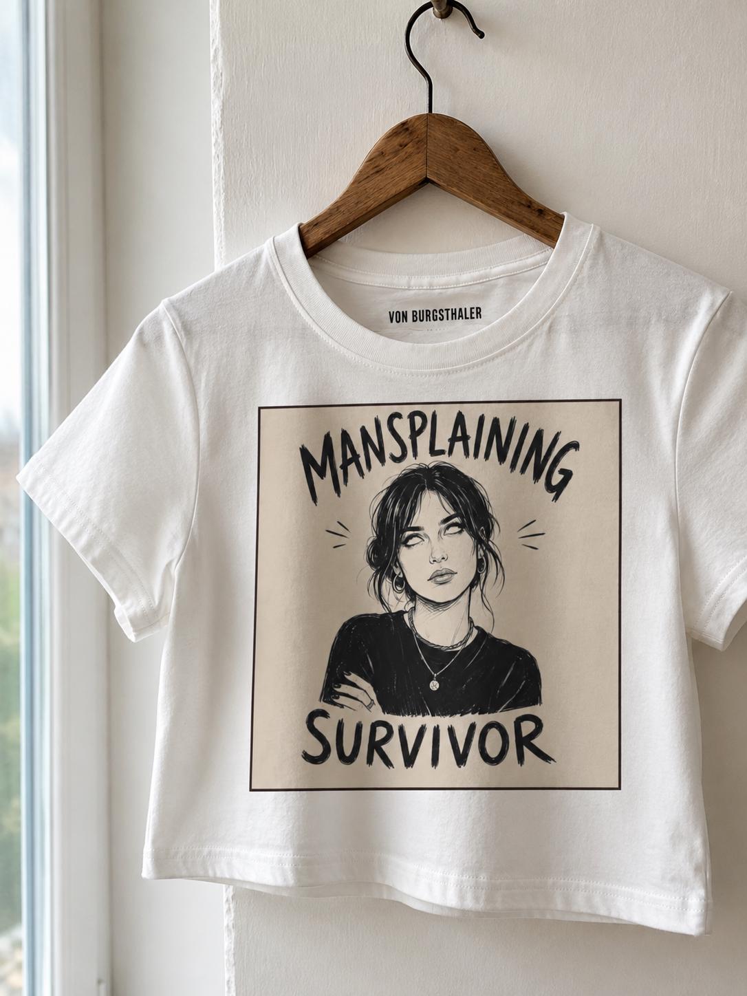 Mansplaining Survivor Baby Tee, Funny Feminist Shirt, Sarcastic Y2K Crop Top, Girl Power Graphic Tee, Smug Eye Roll Feminist Gift