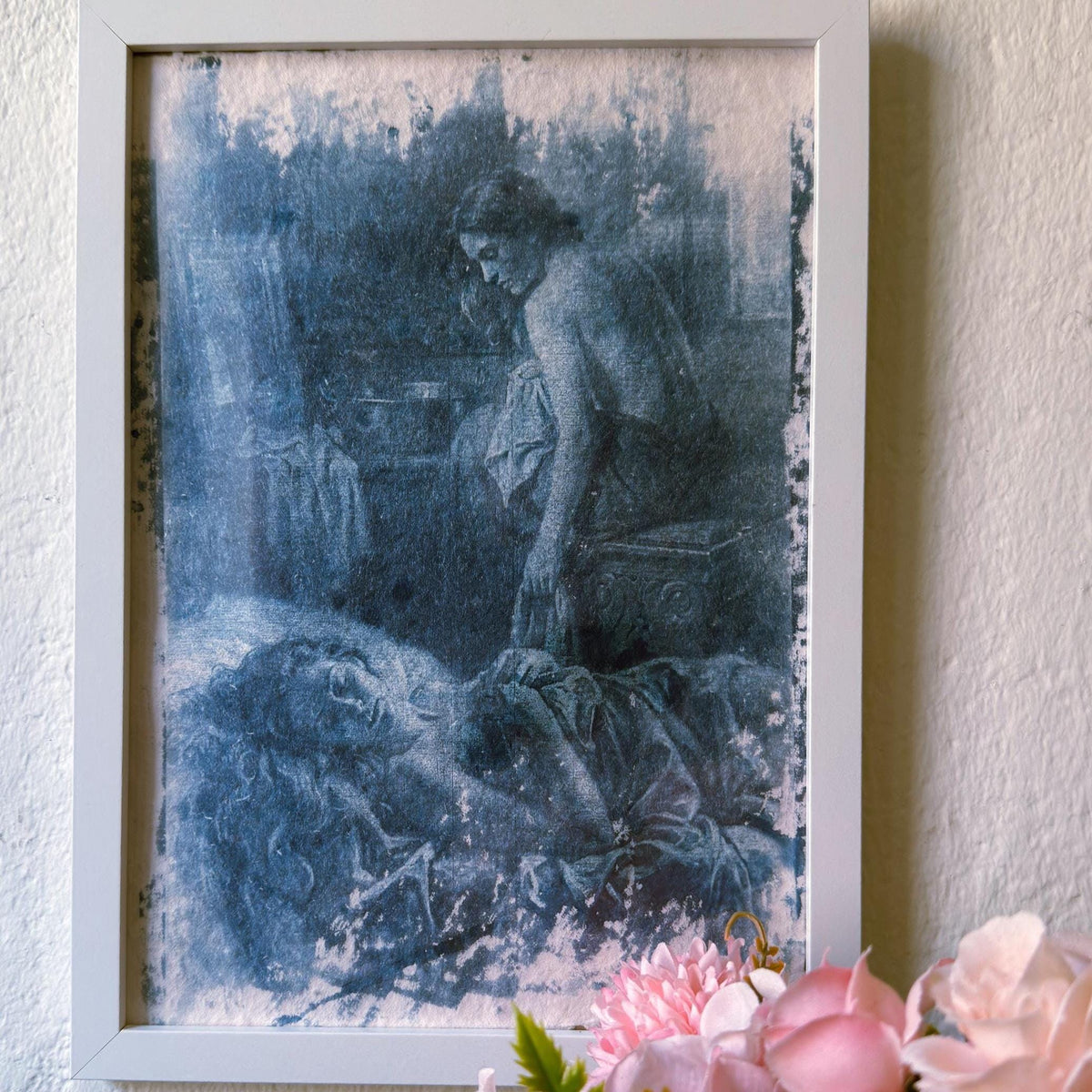 Lesbian Lovers Cyanotype Print, Original Handmade Blue Art on Cotton Rag Paper, A4, Romantic Sapphic Wall Art