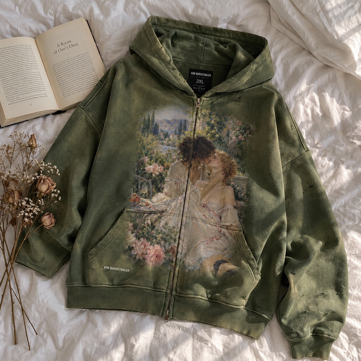 Sapphic Renaissance Art Distressed Zip-Up Hoodie