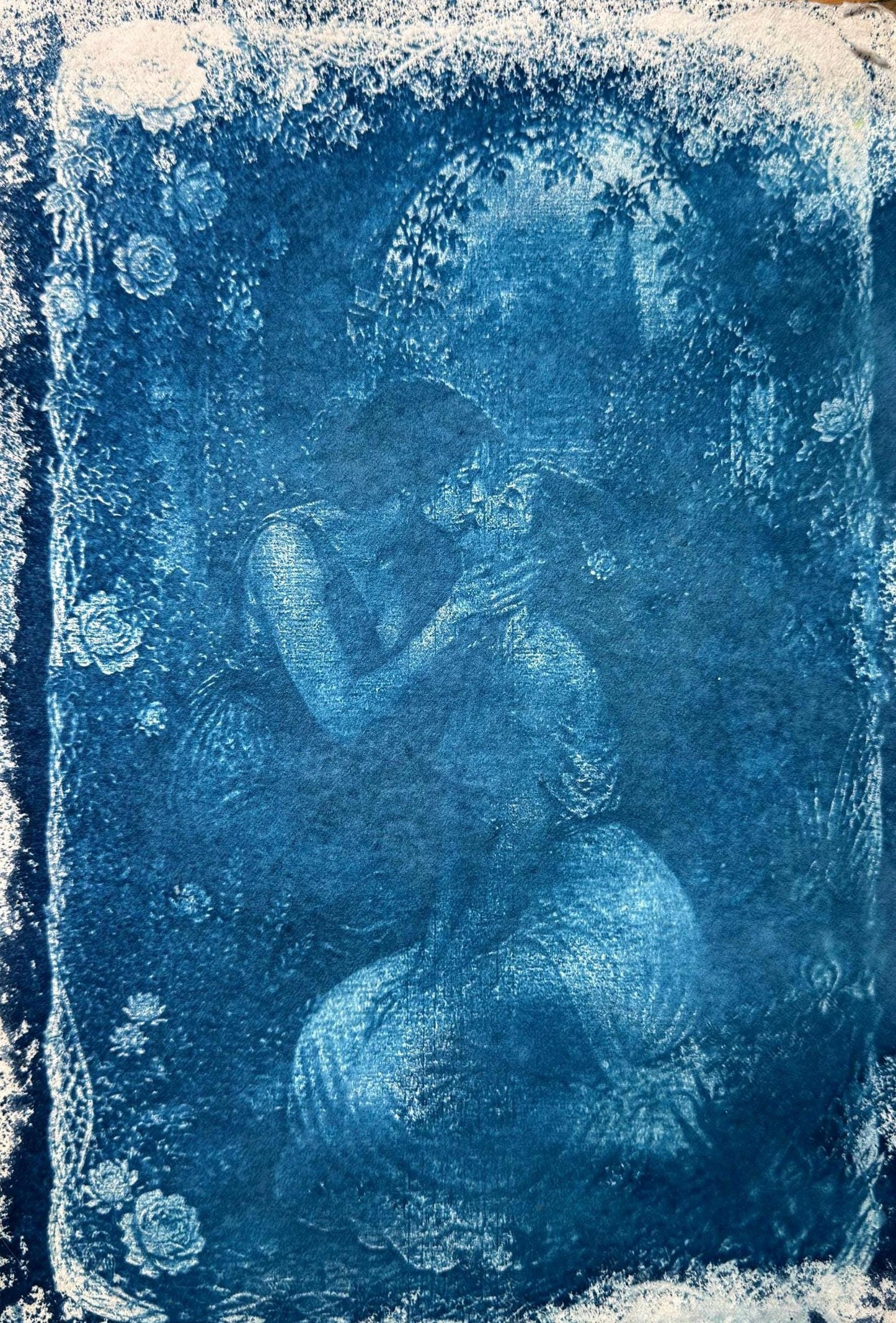 Lesbian Lovers Cyanotype Print, Original Handmade Blue Art on Cotton Rag Paper, A4, Romantic Sapphic Wall Art, Flowers, Roses, Kiss