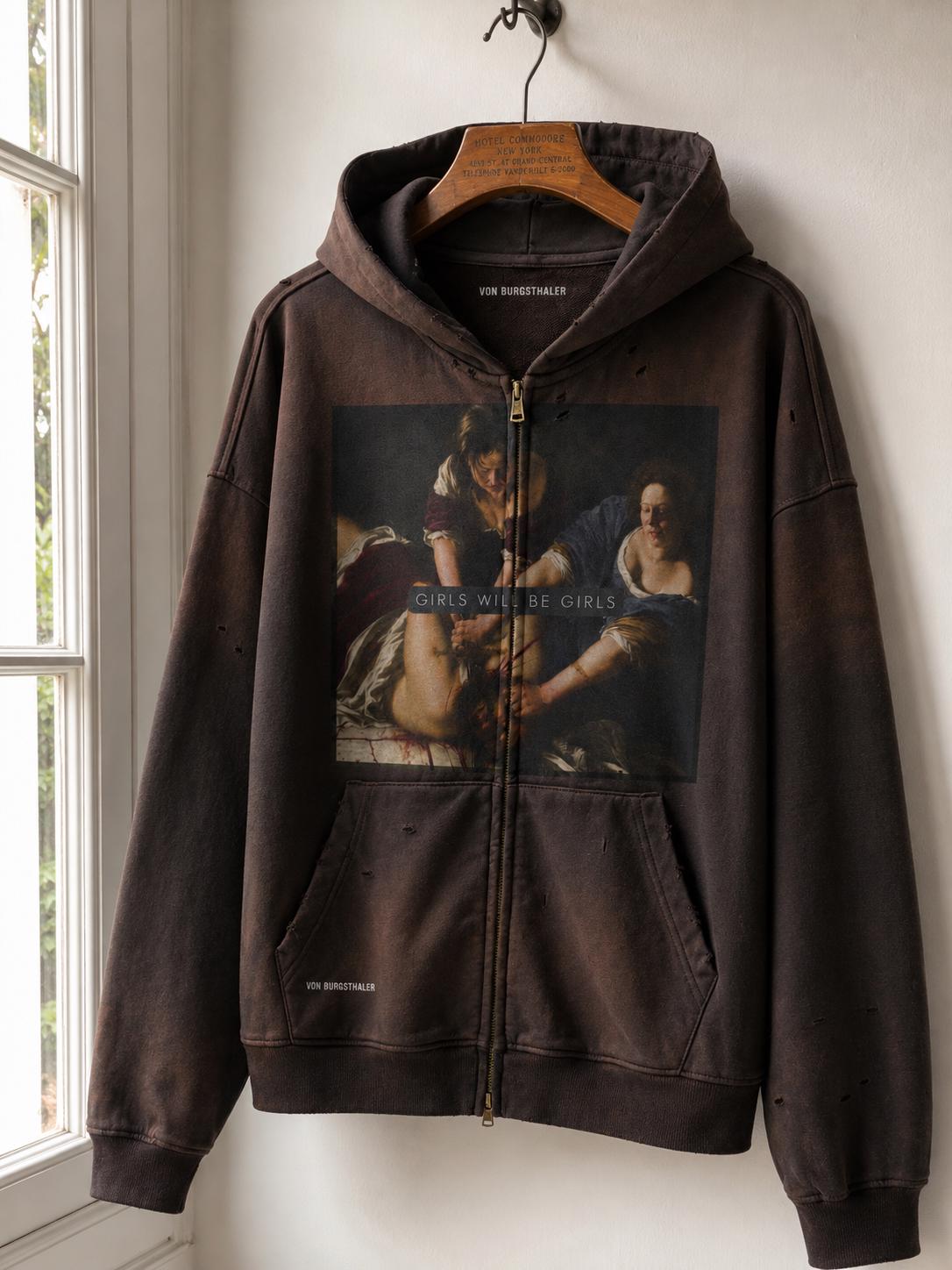 Girls Will Be Girls Sapphic Hoodie, Distressed Lesbian Feminist Zip Up, Artemisia Gentileschi Art Sweatshirt, Dark Academia Graphic Jacket