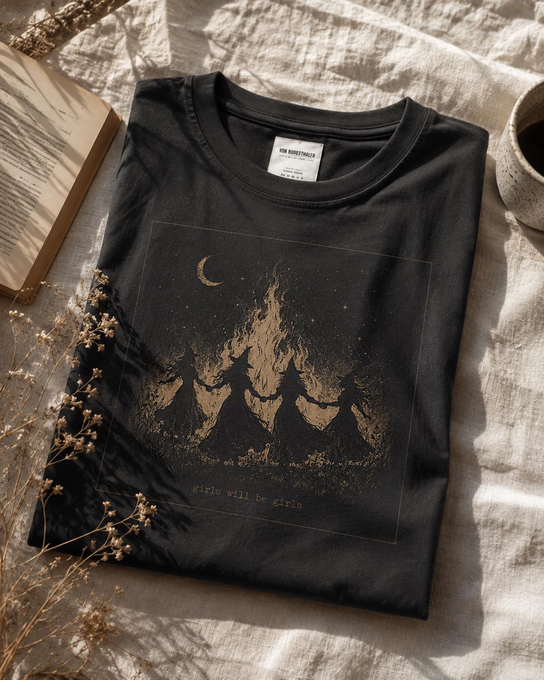 Girls Will Be Girls Witch Shirt, Coven Bonfire T-Shirt, Dark Halloween Top, Vintage Witchy Graphic Tee, Goth Aesthetic Merch, Feminist
