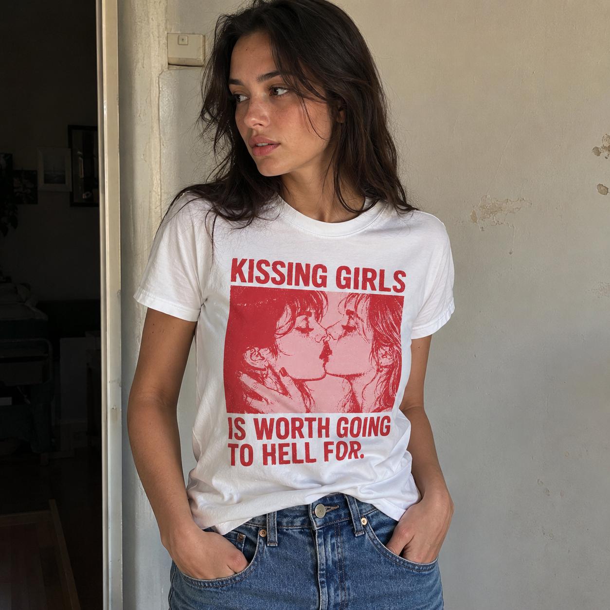 Kissing Girls Is Worth Going To Hell For Shirt | Sapphic Graphic Tee | Lesbian Pride T-Shirt | Retro Pulp Art Top | Queer Feminist Clothing