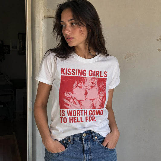 Kissing Girls Is Worth Going To Hell For Shirt | Sapphic Graphic Tee | Lesbian Pride T-Shirt | Retro Pulp Art Top | Queer Feminist Clothing
