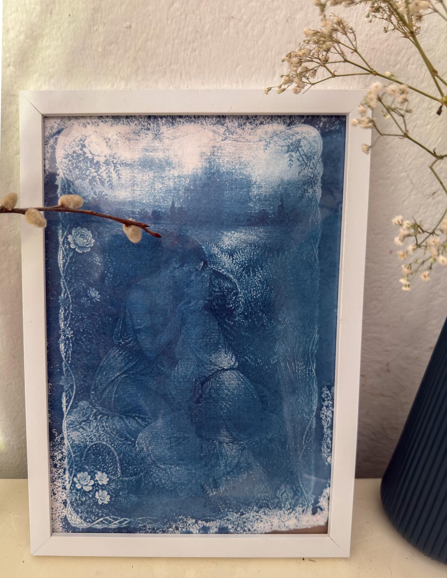 Lesbian Lovers Cyanotype Print, Original Handmade Blue Art on Cotton Rag Paper, A4, Romantic Sapphic Wall Art, Flowers, Kiss