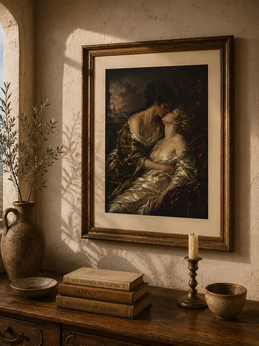 Lesbian Lovers Art Print | Romantic Sapphic Wall Art | Vintage Oil Painting Poster | Queer Bedroom Decor | Dark Academia | Baroque Style