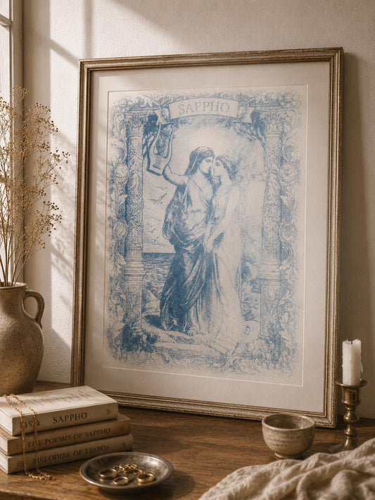 Sappho Poster | Cyanotype Art Print | Romantic Sapphic Wall Decor | Classical Blue Artwork | Queer Home Decor | Lesbian