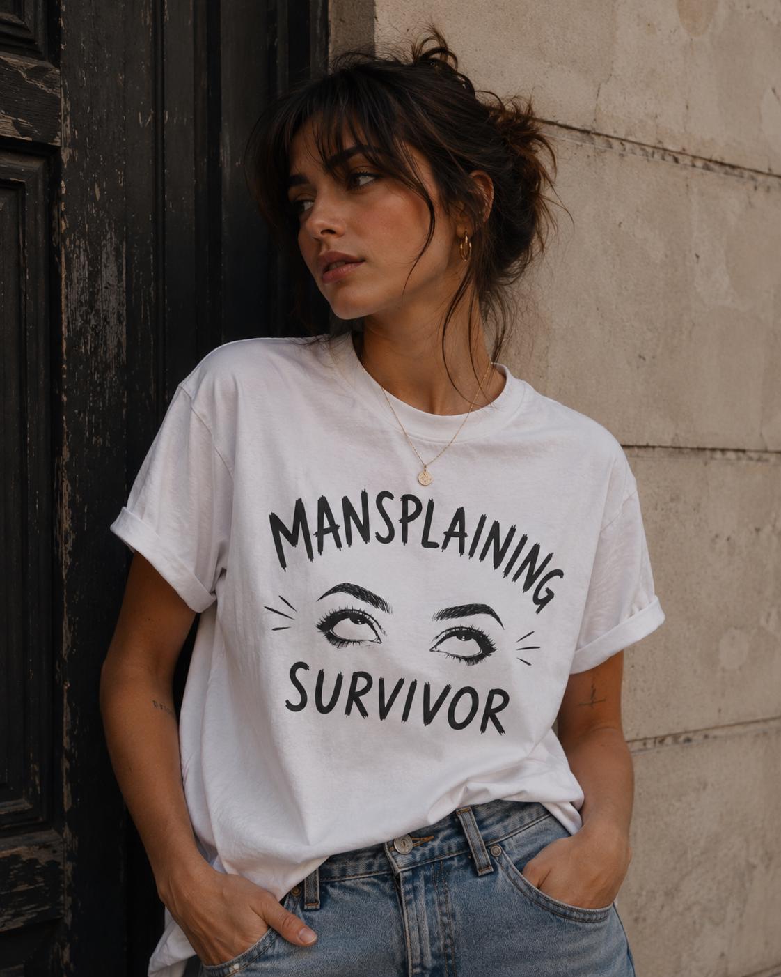 Mansplaining Survivor Shirt, Funny Feminist Graphic Tee, Sarcastic Women's T-Shirt, Girl Power Top, Edgy Sketch Art Gothic Apparel