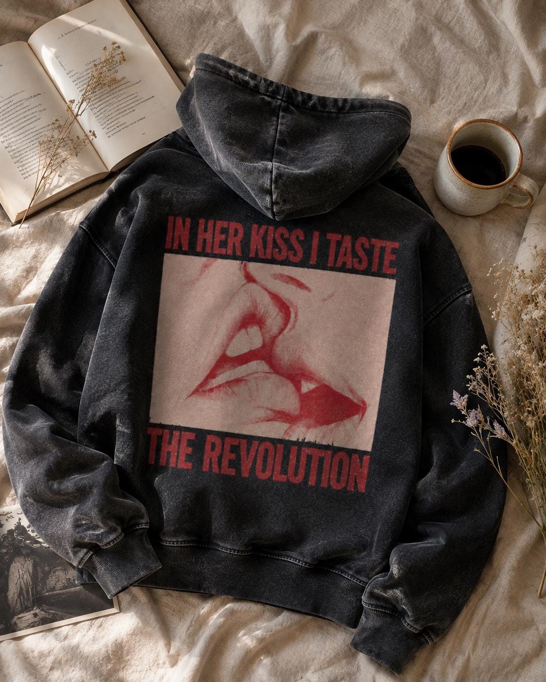 In her kiss Distressed Hoodie, Sapphic Zip Up, Retro 80s Fantasy Graphic Jacket, Faded Black Alternative Pride Sweatshirt, Riot Girl, Punk