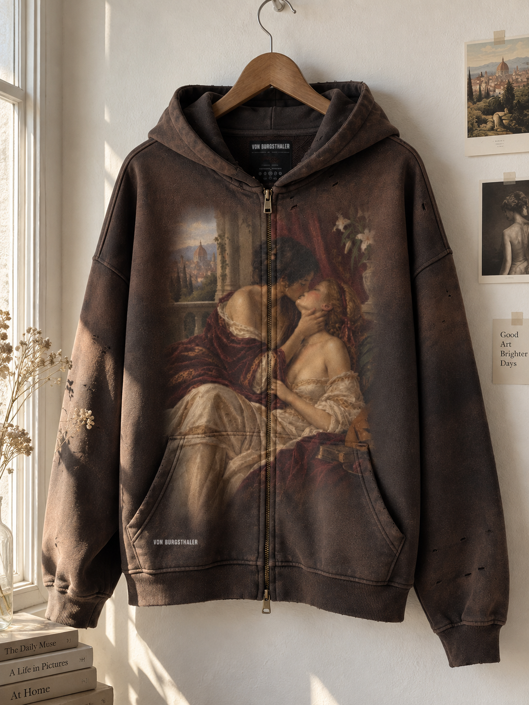 Vintage Renaissance Art Zip Up Hoodie, Sapphic Romantic Painting Distressed Sweatshirt, Dark Academia Lovers Jacket, Aesthetic Goth Hoodie