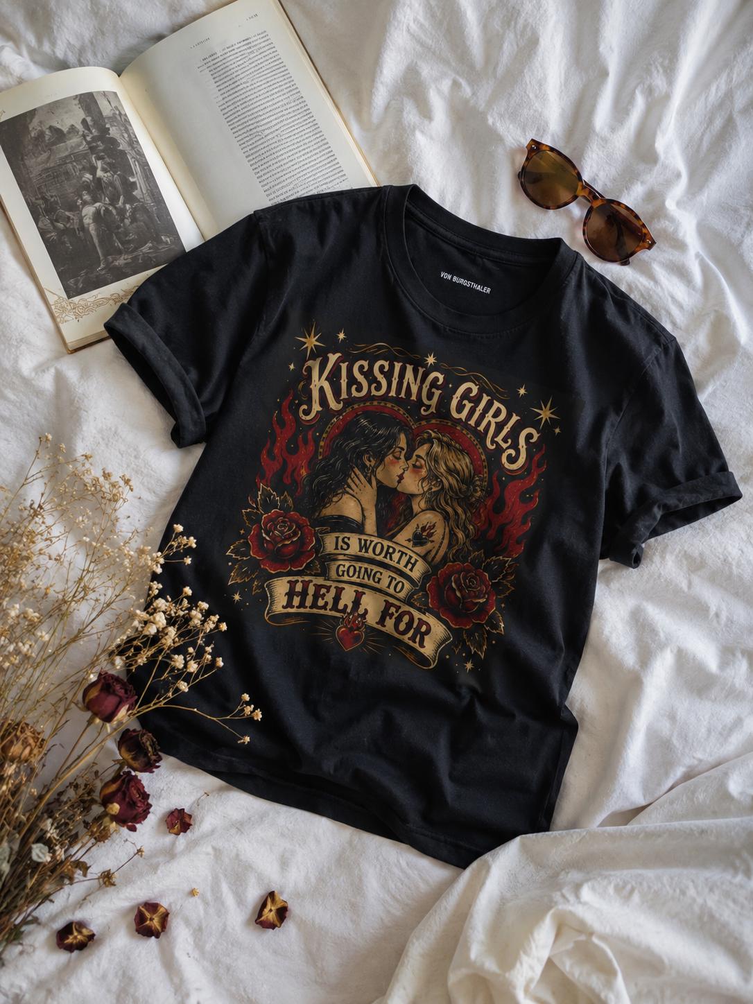 Kissing Girls Is Worth Going To Hell For Shirt | Sapphic Graphic Tee | Lesbian Pride T-Shirt | Retro Pulp Art Top | Queer Feminist Clothing