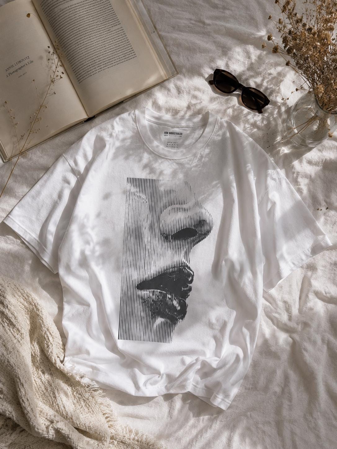 Halftone Face Graphic Tee, Brutalist Minimalist T-Shirt, Optical Illusion Streetwear, Dark Aesthetic Oversized Top, Glitch Portrait Shirt