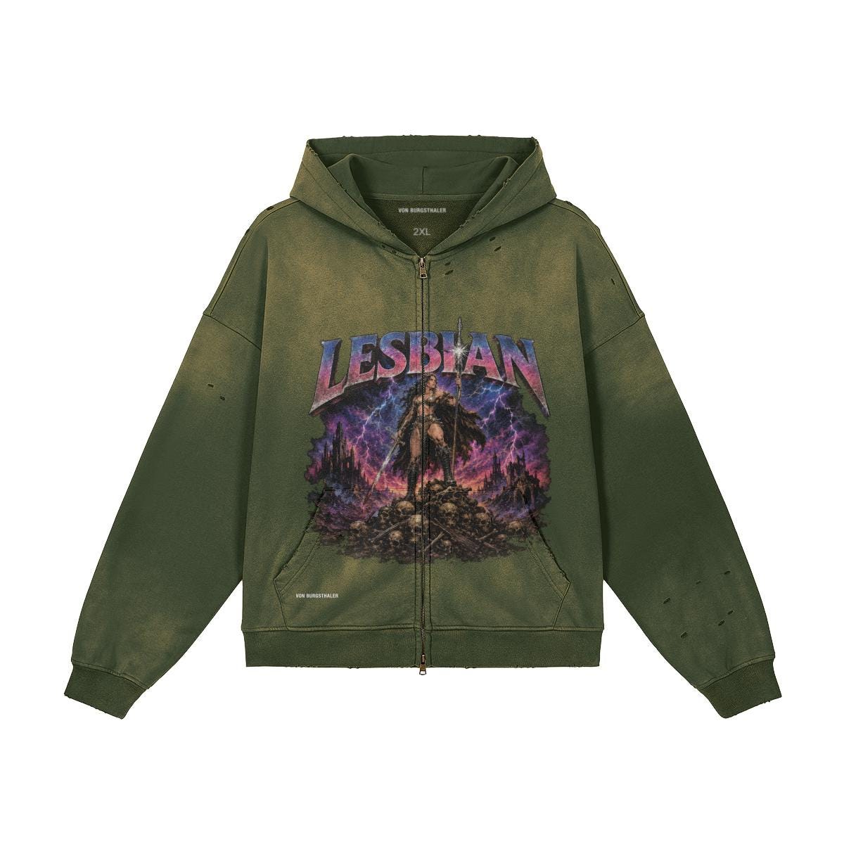 Lesbian Warrior Distressed Hoodie, Sapphic Heavy Metal Zip Up, Retro 80s Fantasy Graphic Jacket, Faded Black Gothic Pride Sweatshirt