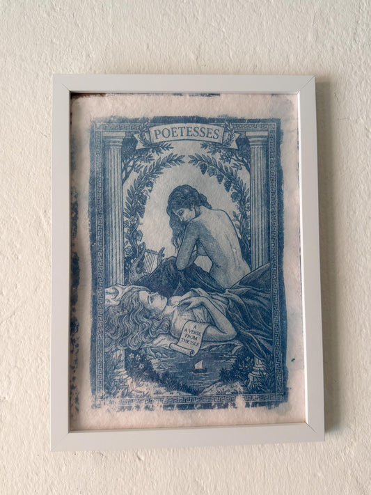 Lesbian Lovers Cyanotype Print, Original Handmade Blue Art on Cotton Rag Paper, A4, Romantic Sapphic Wall Art