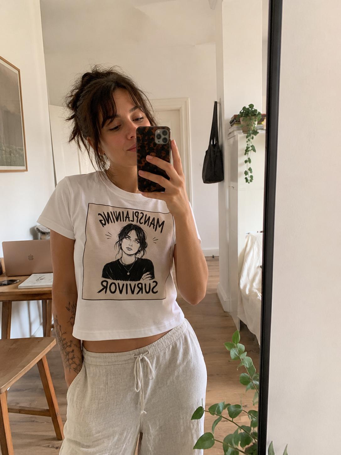 Mansplaining Survivor Baby Tee, Funny Feminist Shirt, Sarcastic Y2K Crop Top, Girl Power Graphic Tee, Smug Eye Roll Feminist Gift