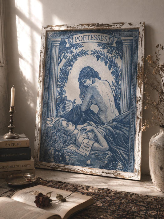 Lesbian Lovers Poster | Cyanotype Art Print | Romantic Sapphic Wall Decor | Classical Blue Artwork | Queer Home Decor