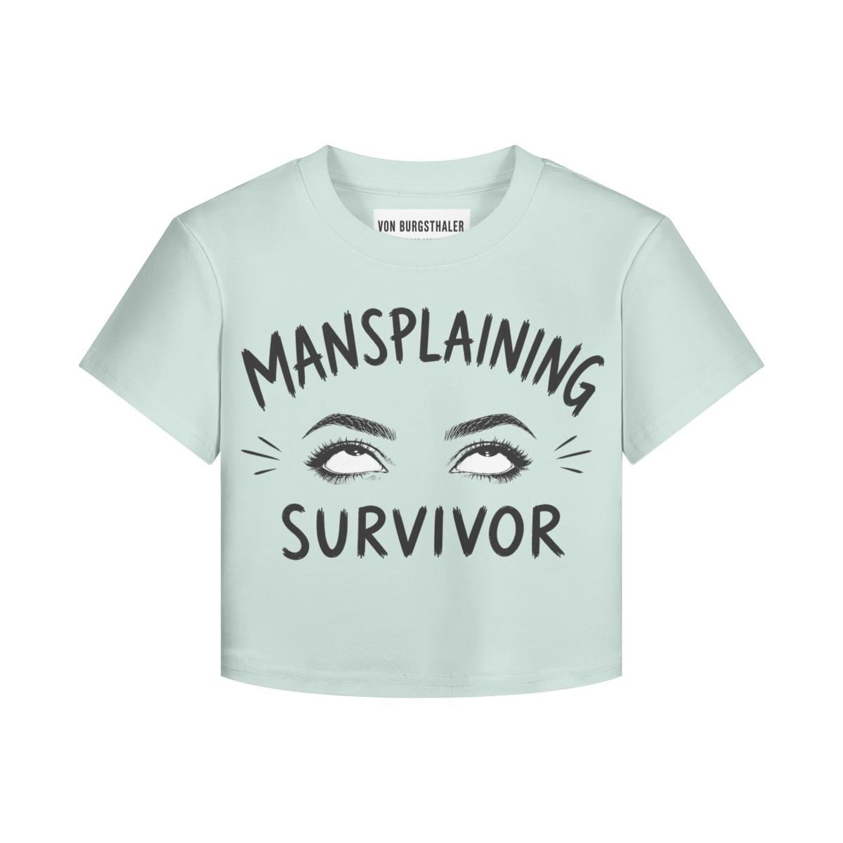 Mansplaining Survivor Baby Tee, Funny Feminist Shirt, Sarcastic Y2K Crop Top, Girl Power Graphic Tee, Smug Eye Roll Feminist Gift