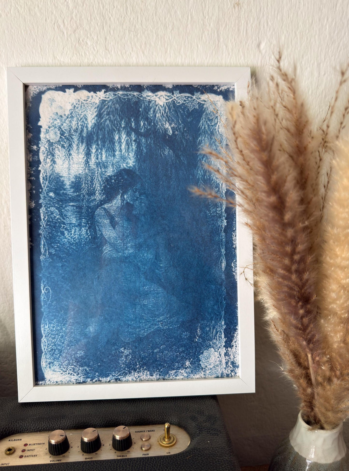 Lesbian Lovers Cyanotype Print, Original Handmade Blue Art on Cotton Rag Paper, A4, Romantic Sapphic Wall Art, Kiss, Tree, weeping willow