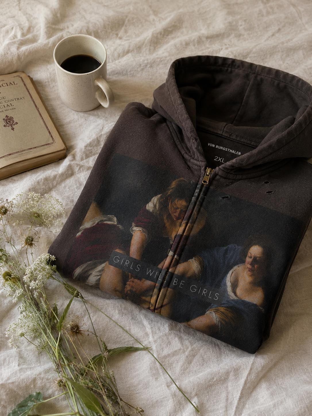 Girls Will Be Girls Sapphic Hoodie, Distressed Lesbian Feminist Zip Up, Artemisia Gentileschi Art Sweatshirt, Dark Academia Graphic Jacket