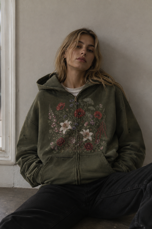 Cottagecore Wildflower Distressed Hoodie, Botanical Green Zip Up, Vintage Floral Graphic Jacket, Dark Academia Whimsigoth Sweatshirt, Poppy