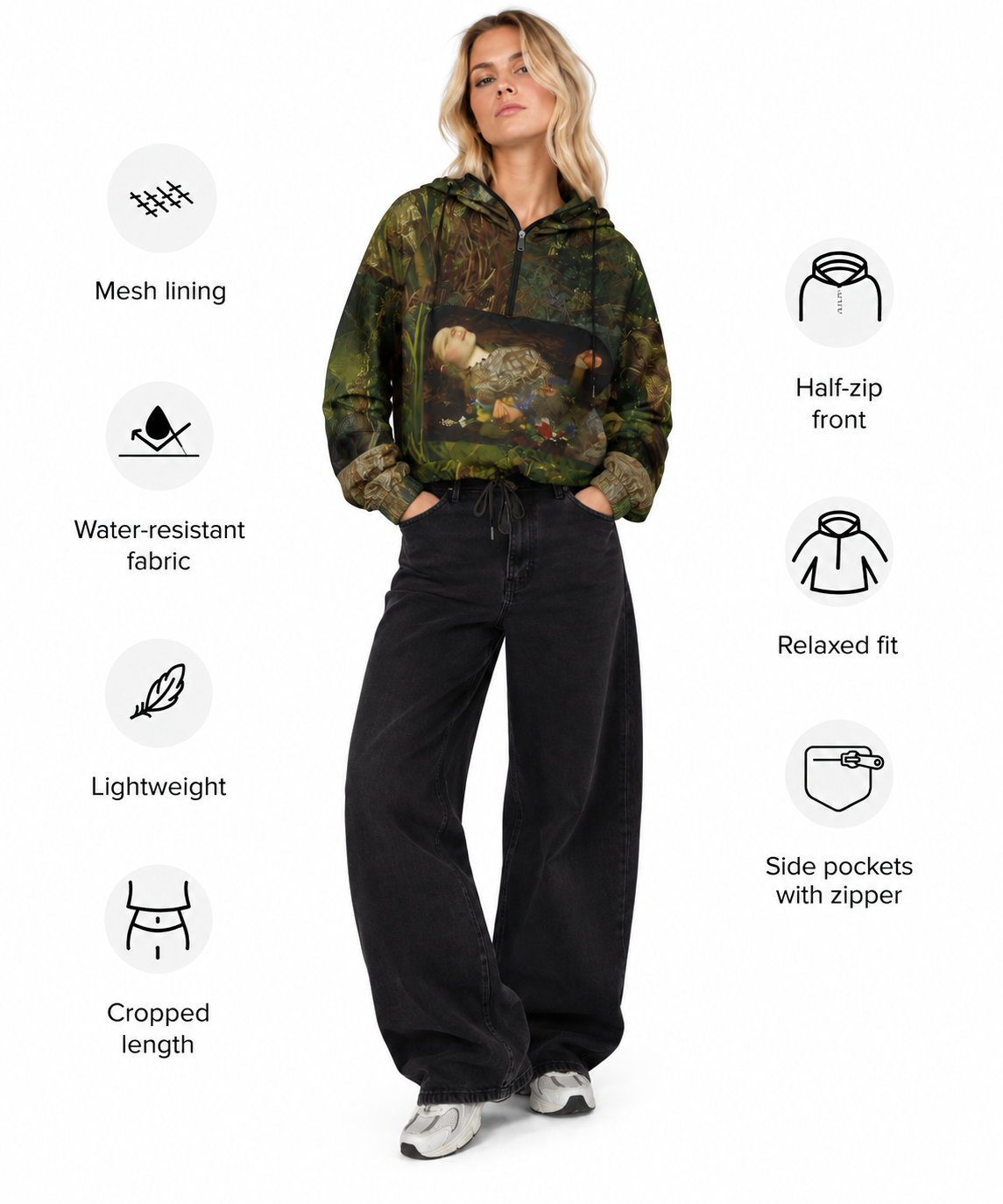 Ophelia Cropped Windbreaker - John Everett Millais Fine Art Jacket