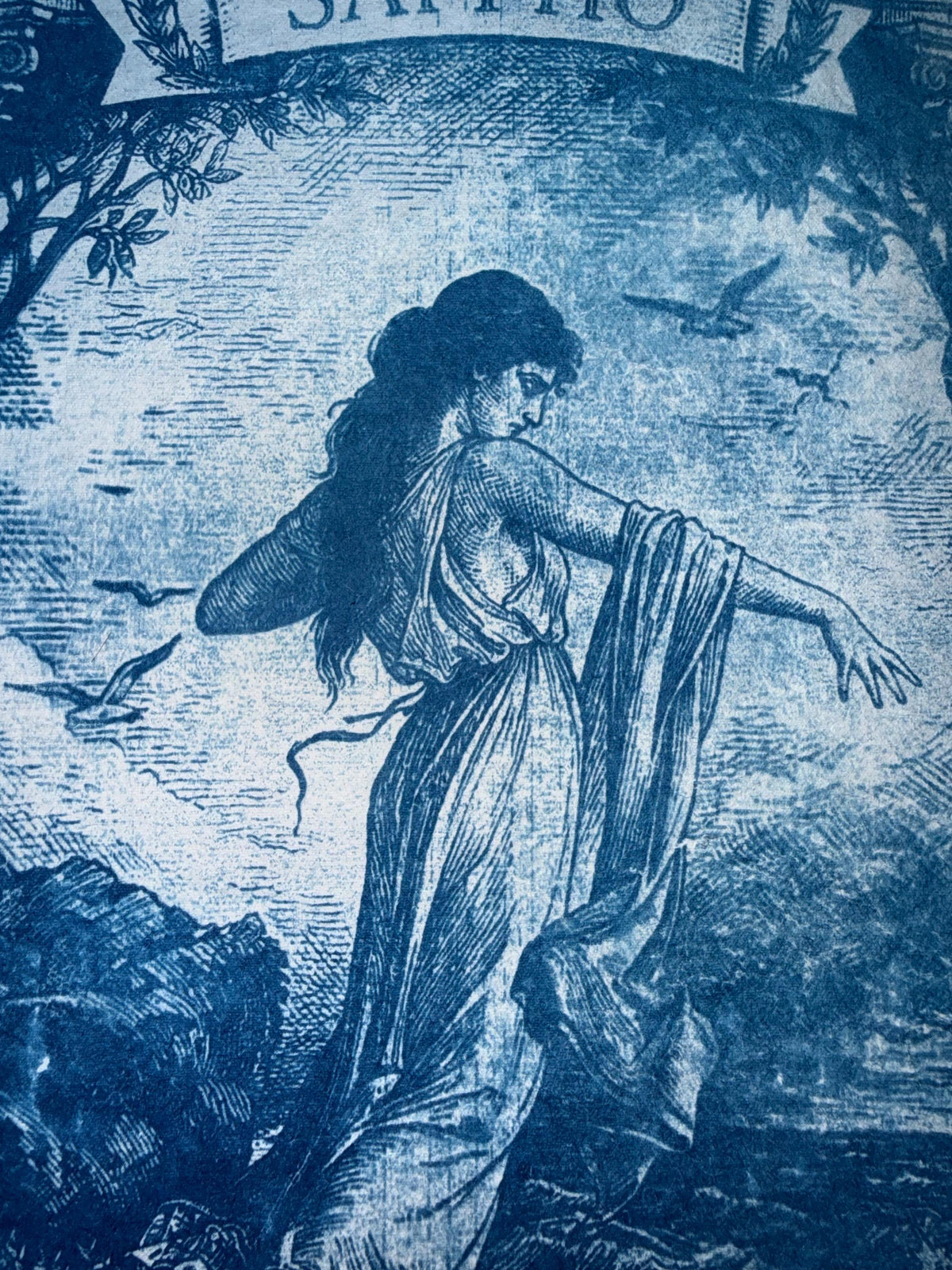 Sappho Cyanotype Print, Original Handmade Blue Art on Cotton Rag Paper, A4, Romantic Sapphic Wall Art
